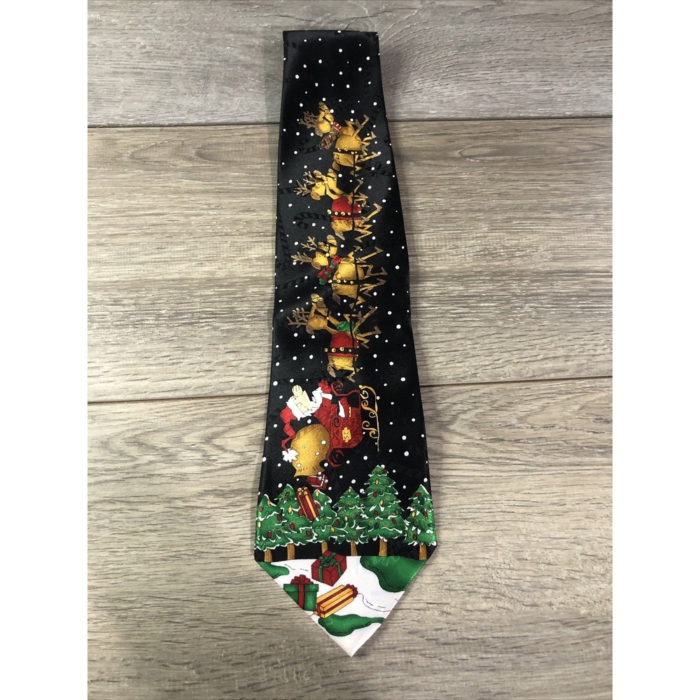 Hallmark Christmas Tie Mens OS Black Excellent Santa Reindeer Sleigh Novelty